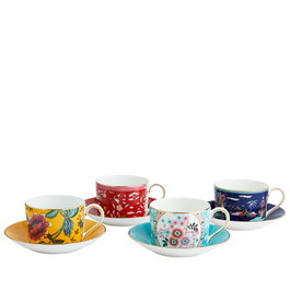 Wedgwood Set de 4 Tazas de Té con Plato, Colección Wonderlust, Porcelana Fina con Decoración en Oro 22K, Apto Lavavajillas